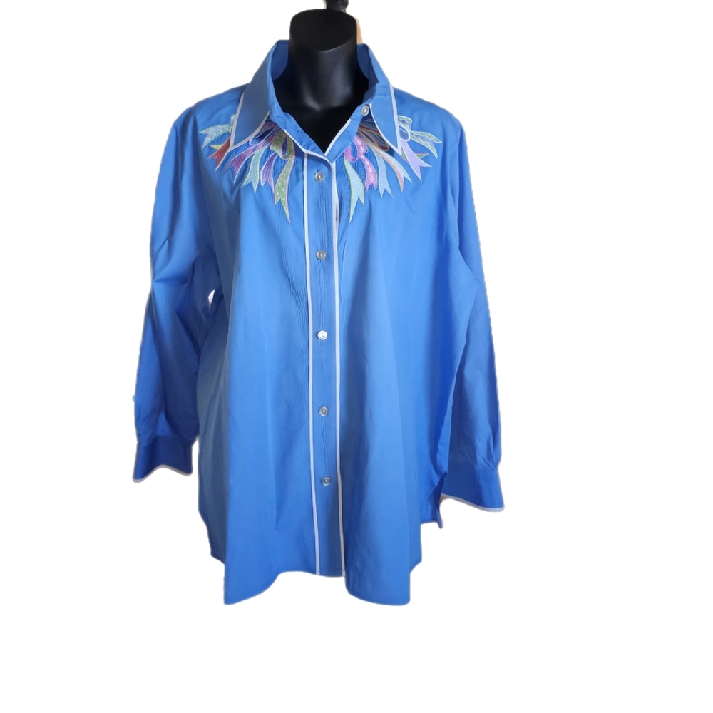 BOB MACKIE WEARABLE ART BLUE  RIBBONED SPECIAL EDITION VINTAGE SHIRT SIZE 1X - Picture 2 of 4